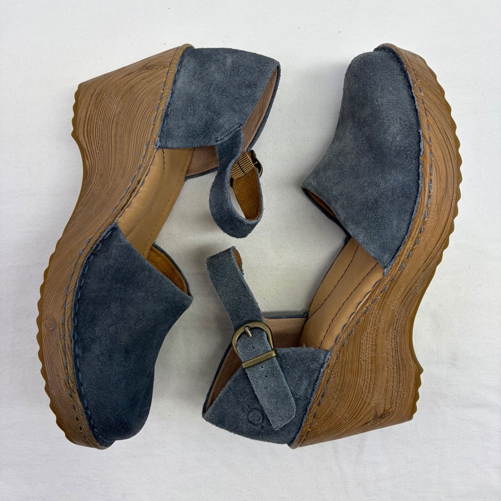 Born Nellie Mary Jane Wedge Sandals Womens 9 Blue Suede Comfort Shoe Boho - Picture 6 of 11